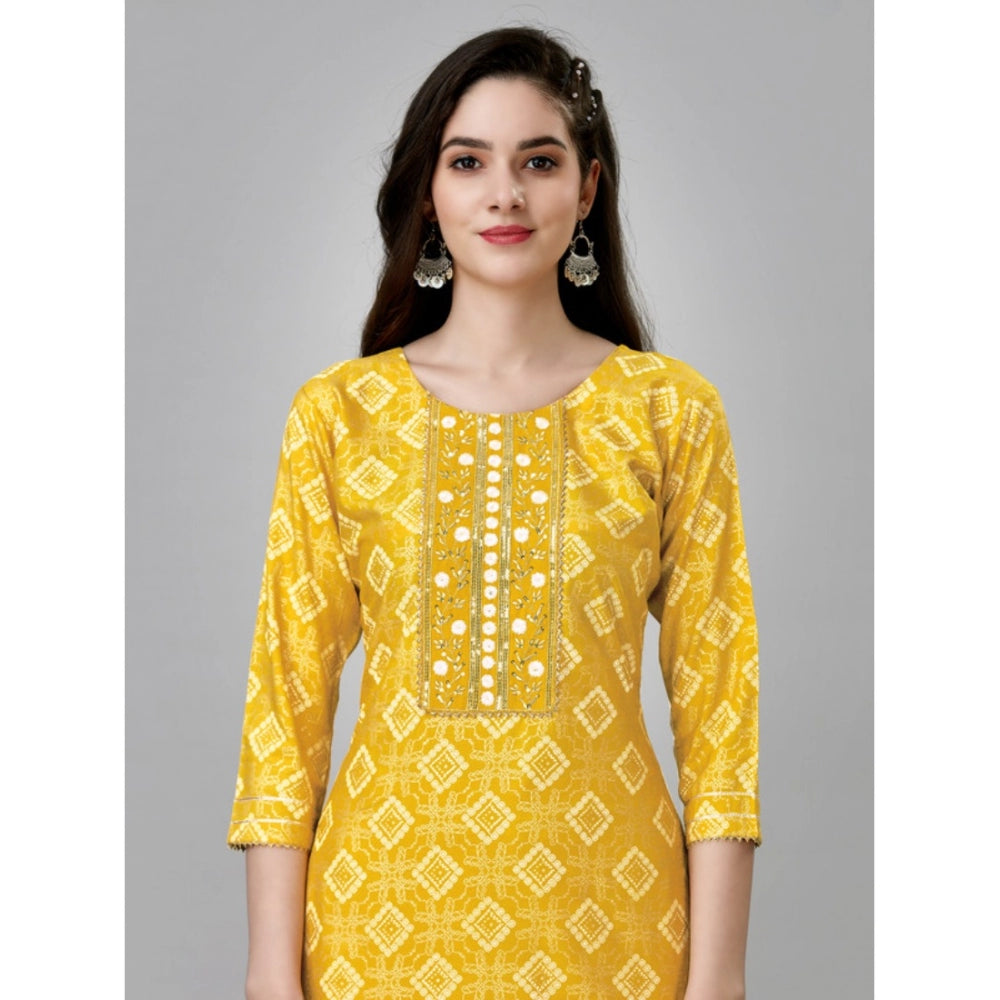 Generic Women's Casual 3-4 th Sleeve Embroidery Rayon Kurti Pant Set (Yellow) - Noble Nook