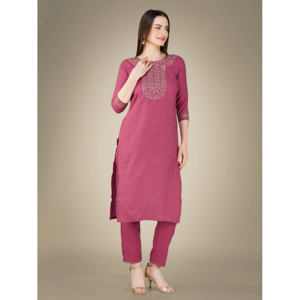 Generic Women's Casual 3-4 th Sleeve Embroidery Cotton Kurti Pant Dupatta Set (Wine) - Noble Nook