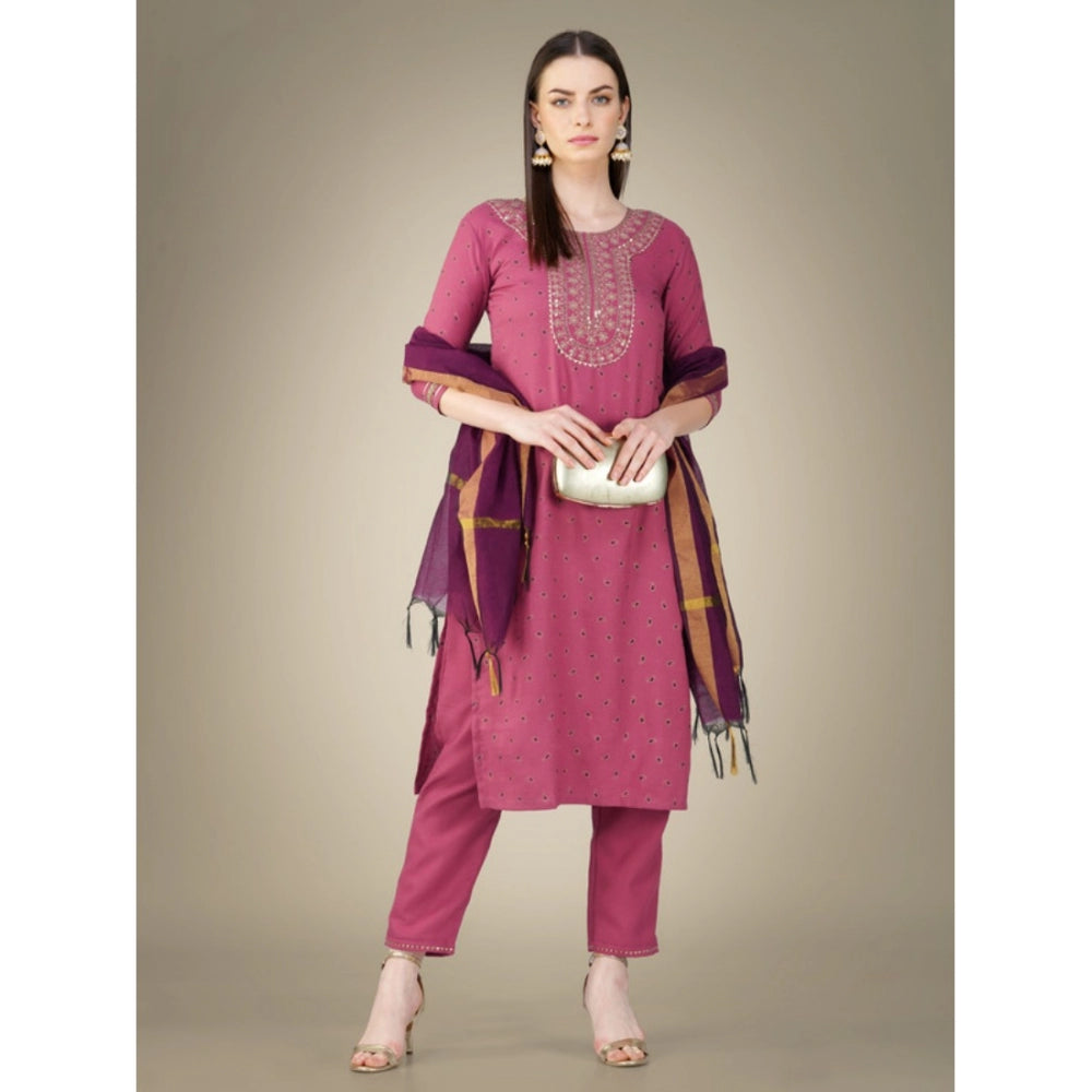 Generic Women's Casual 3-4 th Sleeve Embroidery Cotton Kurti Pant Dupatta Set (Wine) - Noble Nook