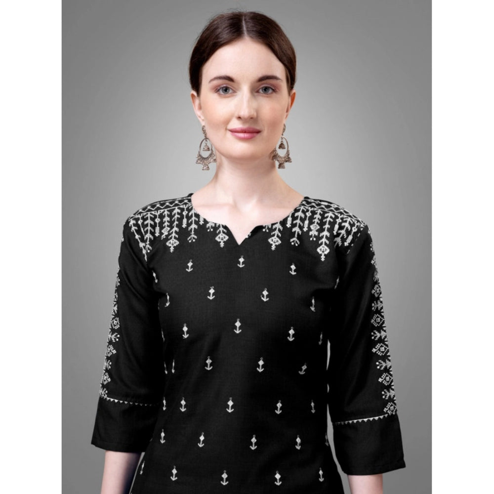 Generic Women's Casual 3-4 th Sleeve Embroidery Cotton Kurti Pant Dupatta Set (Black) - Noble Nook