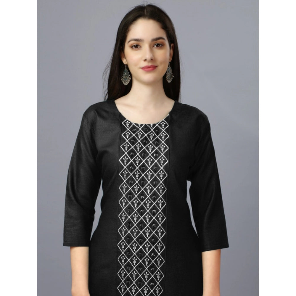 Generic Women's Casual 3-4 th Sleeve Embroidery Cotton Kurti (Black) - Noble Nook