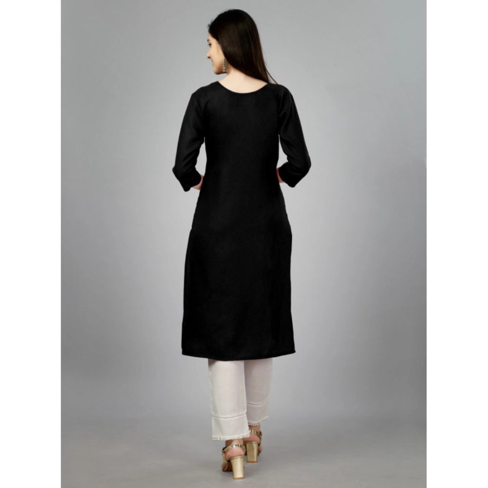 Generic Women's Casual 3-4 th Sleeve Embroidery Cotton Kurti (Black) - Noble Nook