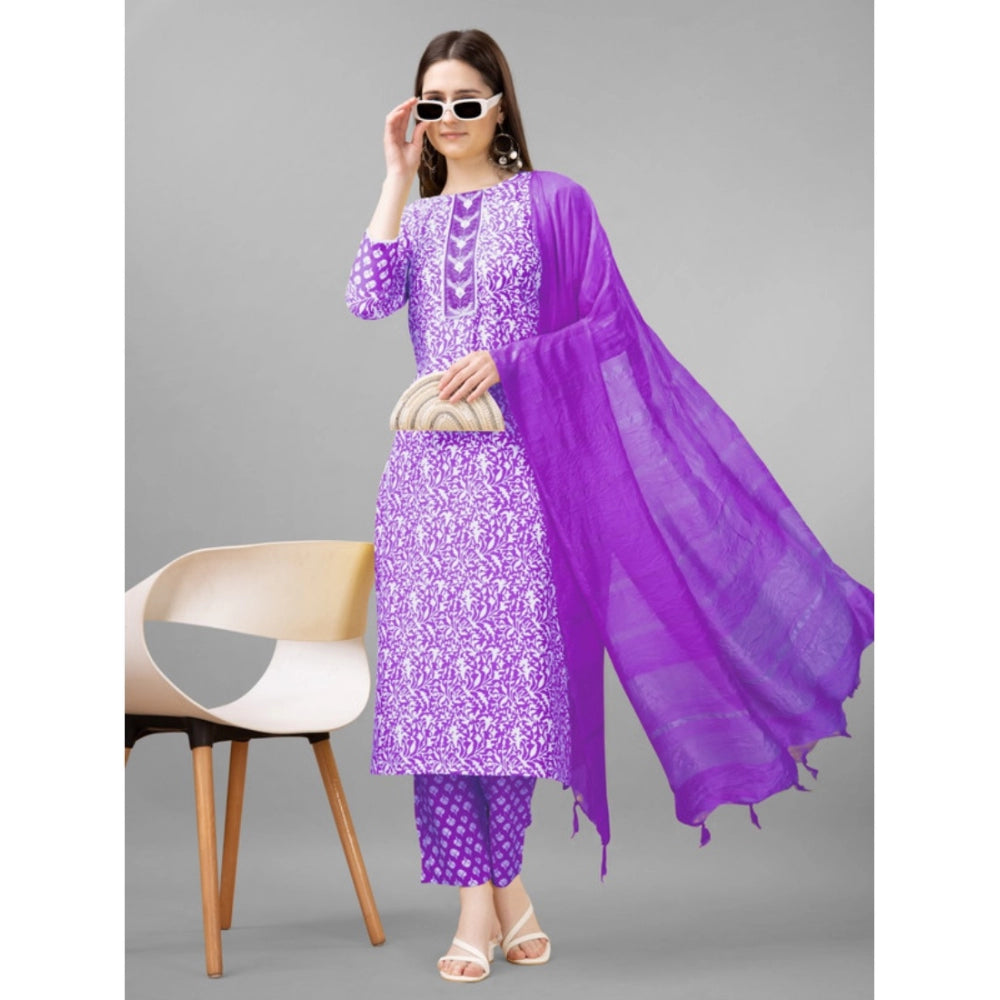 Generic Women's Casual 3-4 th Sleeve Embroidery Rayon Kurti Pant Dupatta Set (Purple) - Noble Nook