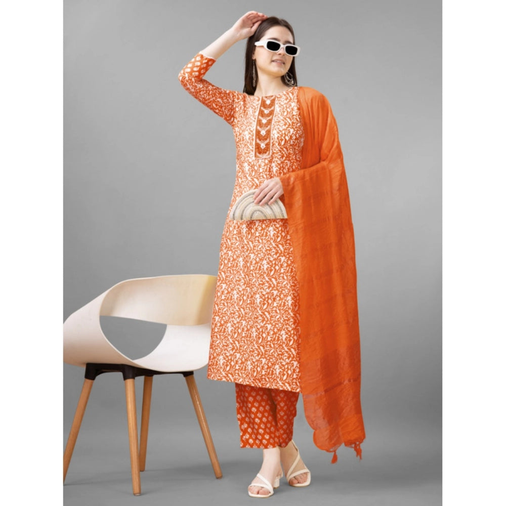 Generic Women's Casual 3-4 th Sleeve Embroidery Rayon Kurti Pant Dupatta Set (Orange) - Noble Nook