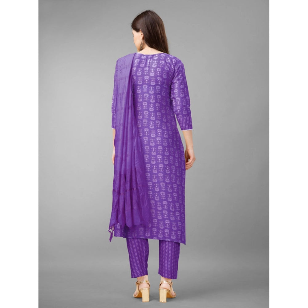 Generic Women's Casual 3-4 th Sleeve Embroidery Rayon Kurti Pant Dupatta Set (Purple) - Noble Nook