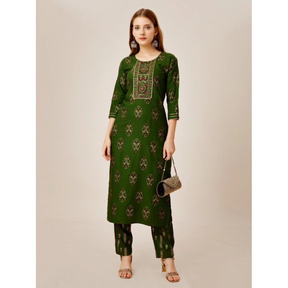 Generic Women's Casual 3-4 th Sleeve Embroidery Rayon Kurti Pant Set (Green) - Noble Nook