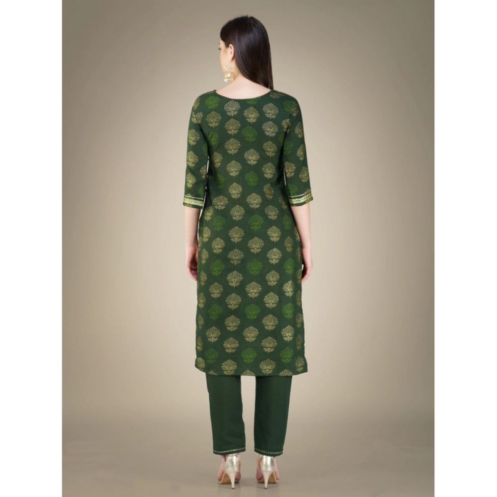 Generic Women's Casual 3-4 th Sleeve Embroidery Cotton Kurti Pant Dupatta Set (Dark Green) - Noble Nook