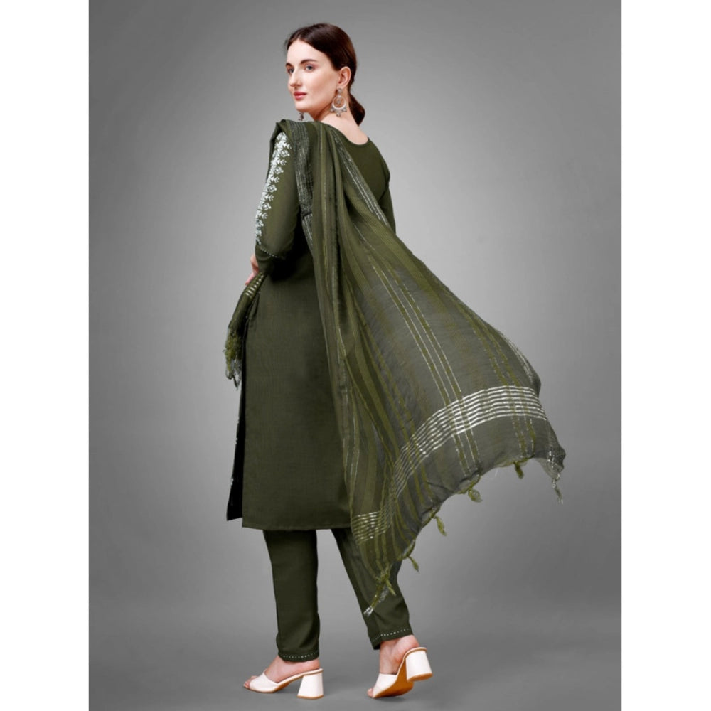 Generic Women's Casual 3-4 th Sleeve Embroidery Cotton Kurti Pant Dupatta Set (Dark Green) - Noble Nook