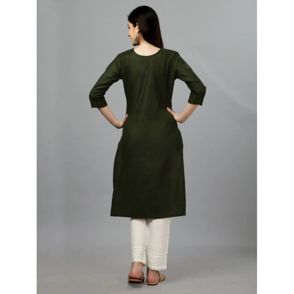 Generic Women's Casual 3-4 th Sleeve Embroidery Cotton Kurti (Dark Green) - Noble Nook