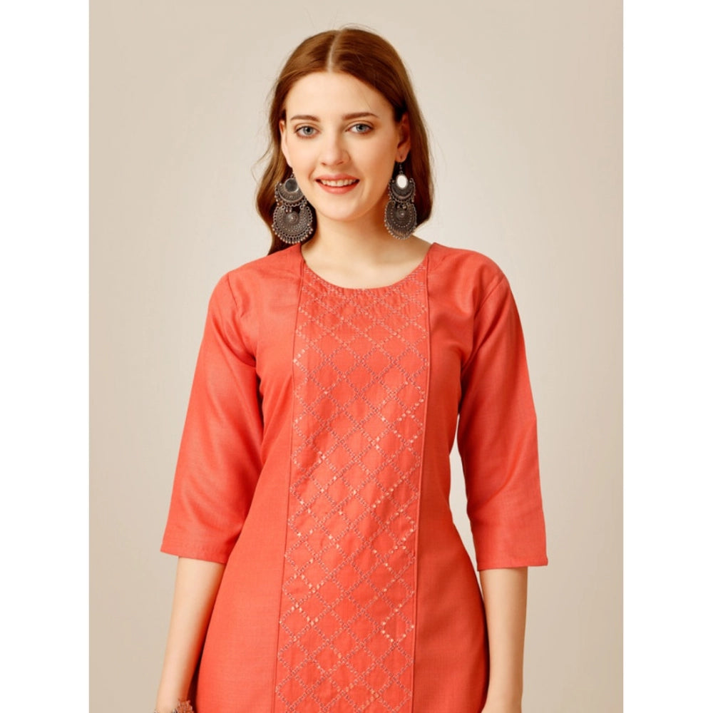 Generic Women's Casual 3-4 th Sleeve Embroidery Cotton Kurti Pant Set (Orange) - Noble Nook