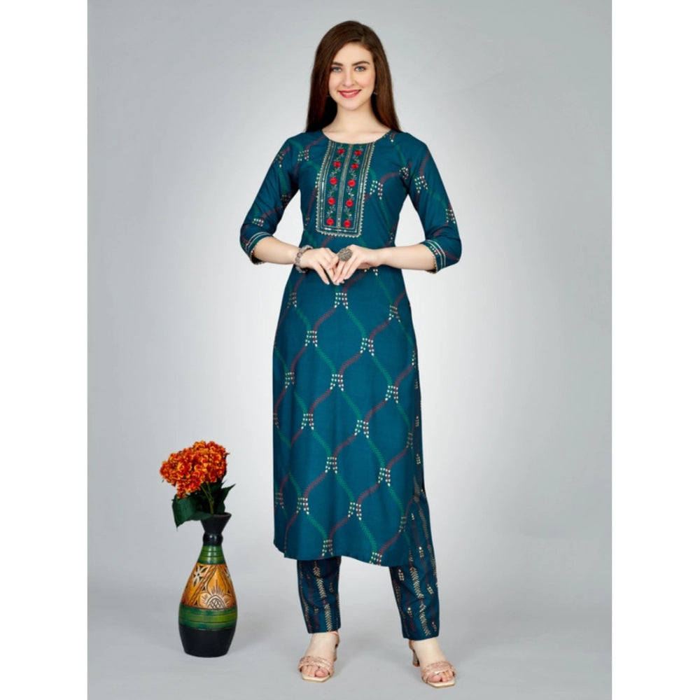 Generic Women's Casual 3-4 th Sleeve Embroidery Rayon Kurti Pant Set (Dark Blue) - Noble Nook