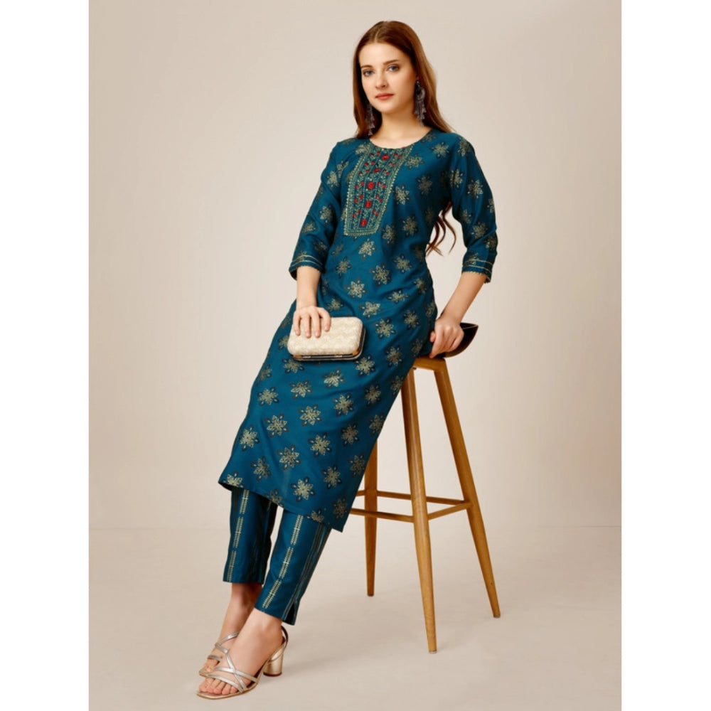 Generic Women's Casual 3-4 th Sleeve Embroidery Rayon Kurti Pant Set (Blue) - Noble Nook