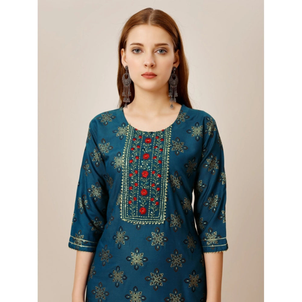 Generic Women's Casual 3-4 th Sleeve Embroidery Rayon Kurti Pant Set (Blue) - Noble Nook