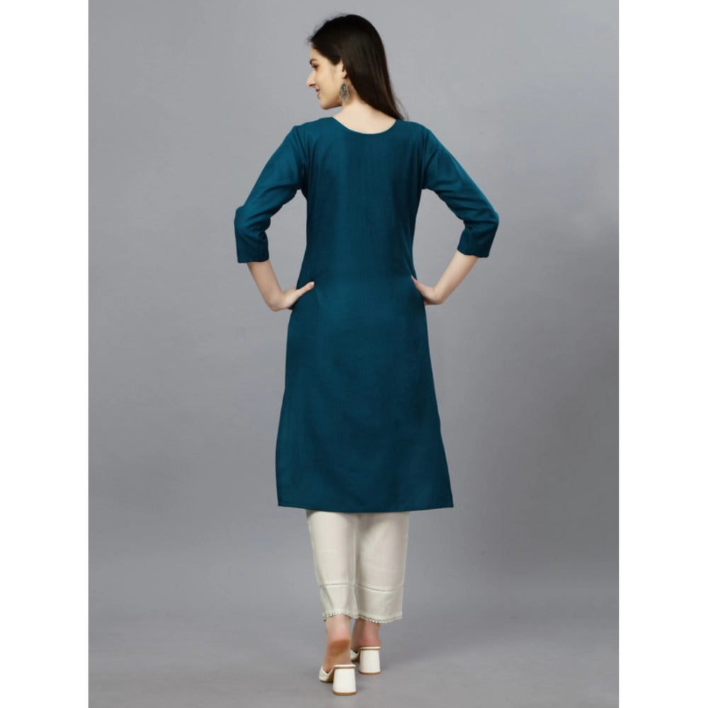 Generic Women's Casual 3-4 th Sleeve Embroidery Cotton Kurti (Blue ) - Noble Nook