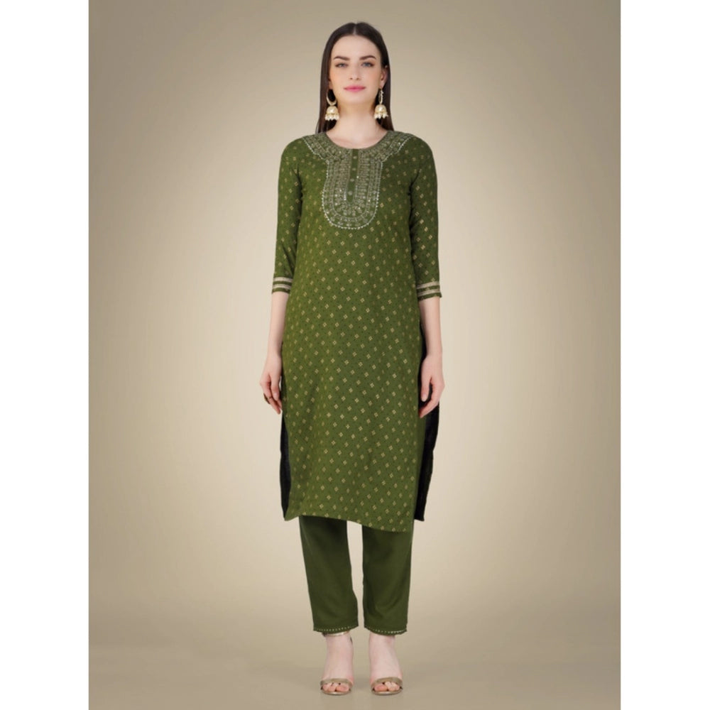 Generic Women's Casual 3-4 th Sleeve Embroidery Cotton Kurti Pant Dupatta Set (Green) - Noble Nook