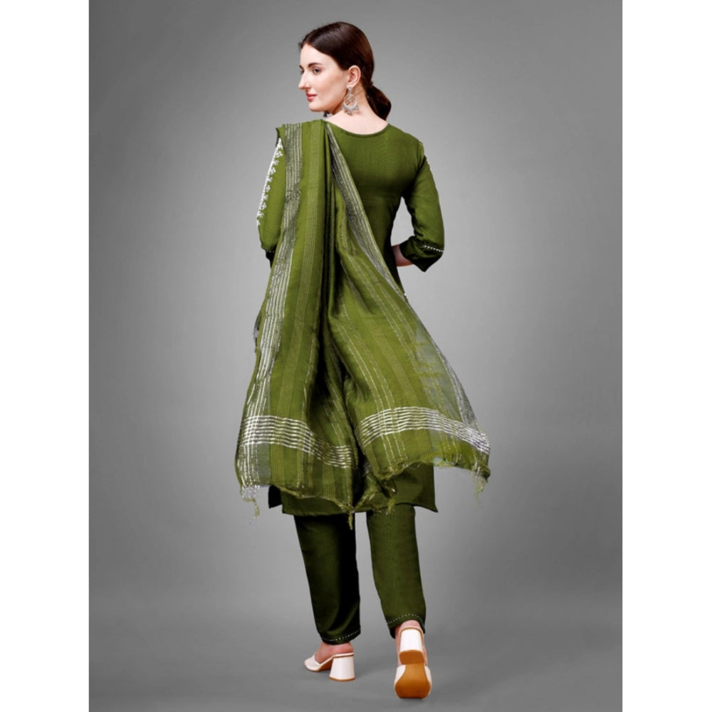 Generic Women's Casual 3-4 th Sleeve Embroidery Cotton Kurti Pant Dupatta Set (Green) - Noble Nook