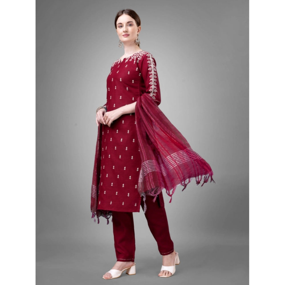 Generic Women's Casual 3-4 th Sleeve Embroidery Cotton Kurti Pant Dupatta Set (Maroon) - Noble Nook