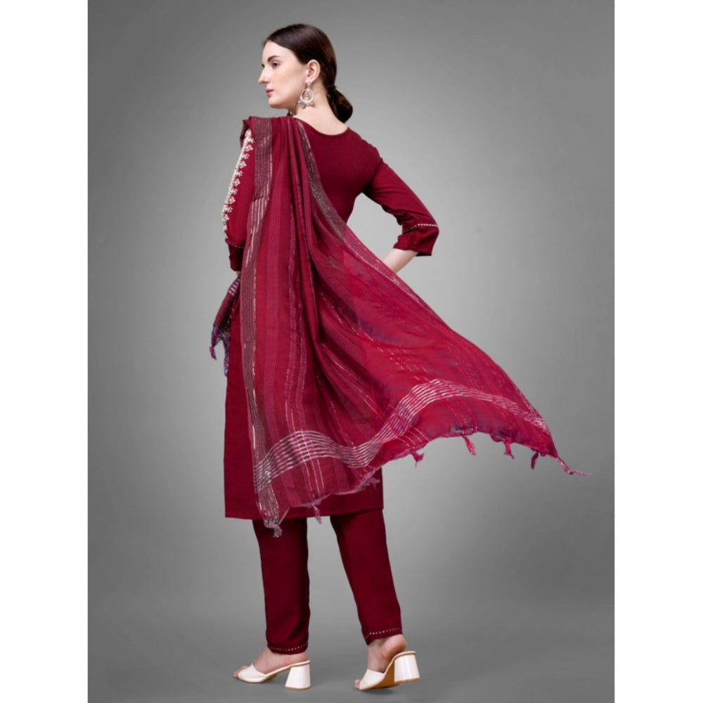 Generic Women's Casual 3-4 th Sleeve Embroidery Cotton Kurti Pant Dupatta Set (Maroon) - Noble Nook