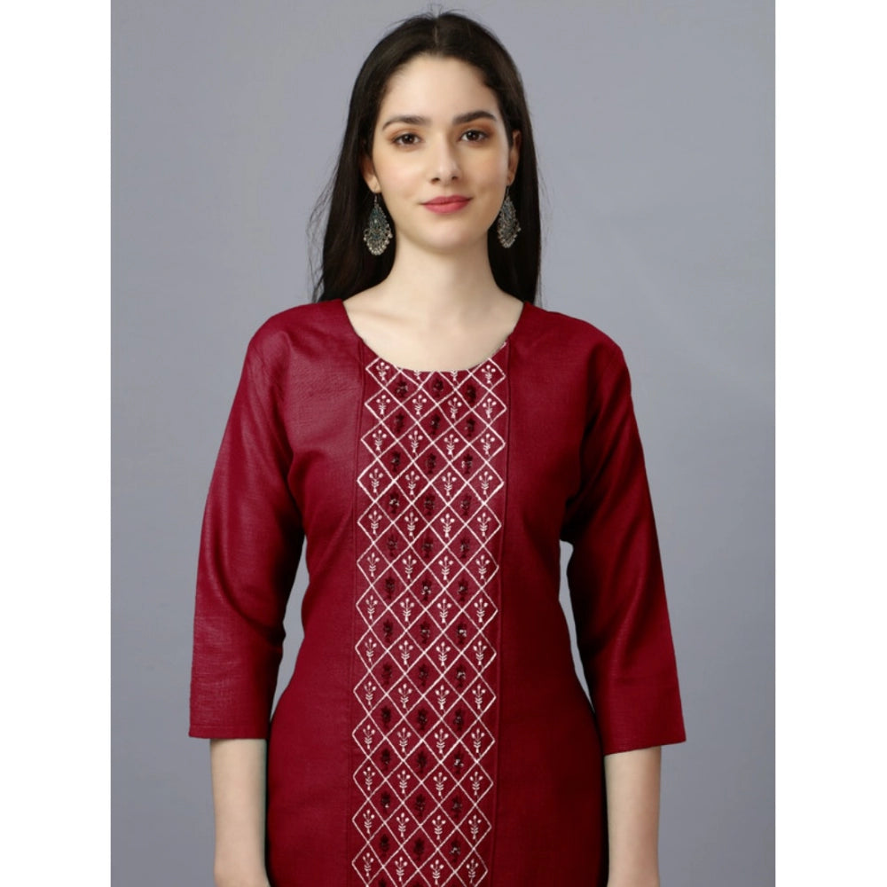 Generic Women's Casual 3-4 th Sleeve Embroidery Cotton Kurti (Maroon) - Noble Nook