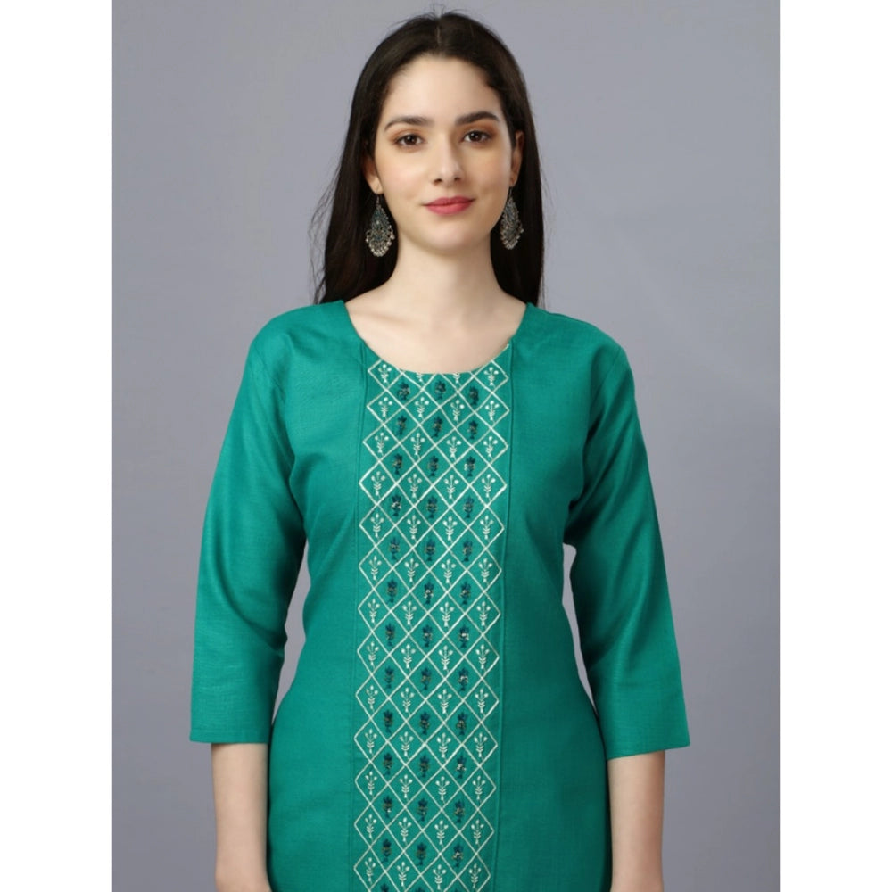 Generic Women's Casual 3-4 th Sleeve Embroidery Cotton Kurti (Light Green) - Noble Nook