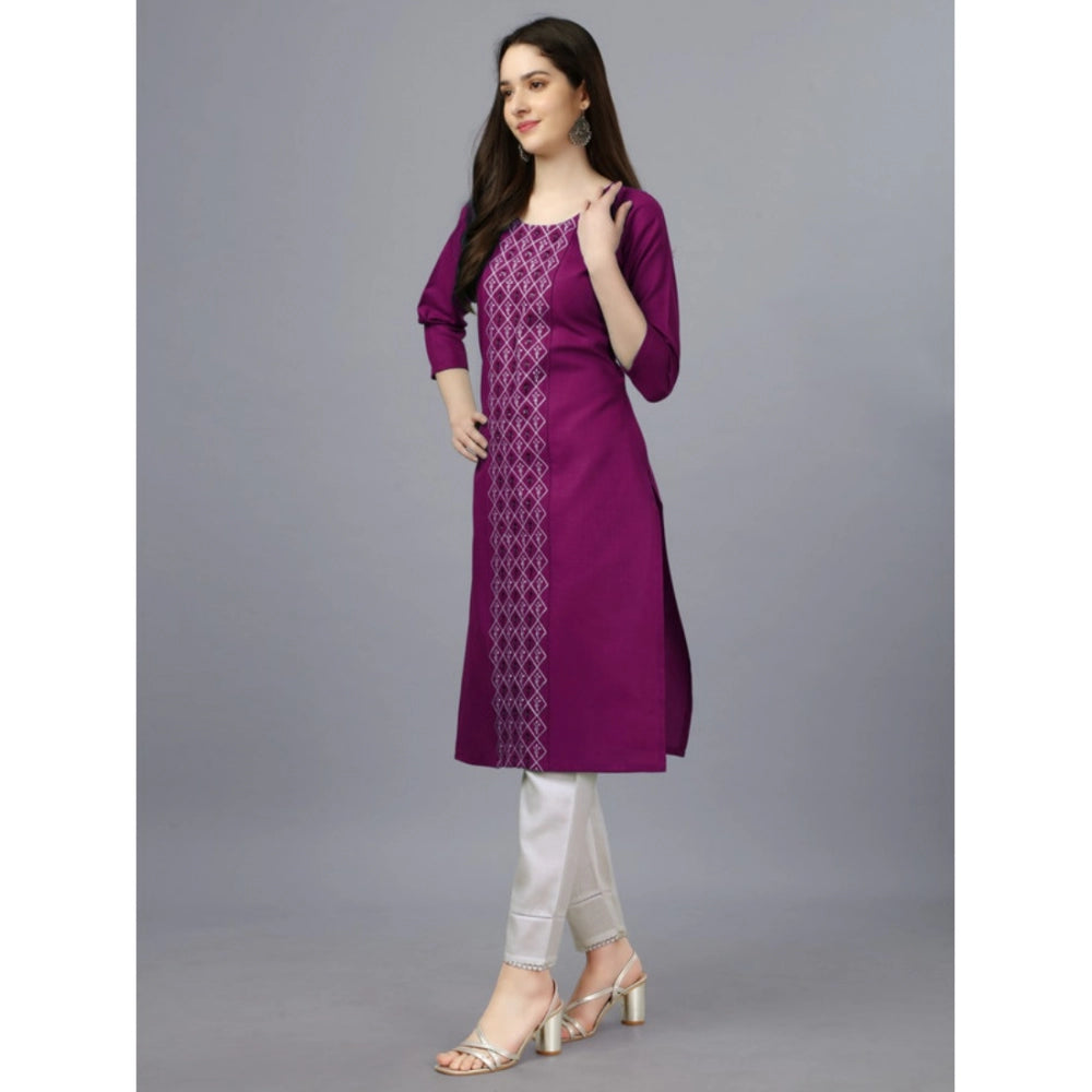 Generic Women's Casual 3-4 th Sleeve Embroidery Cotton Kurti (Purple) - Noble Nook