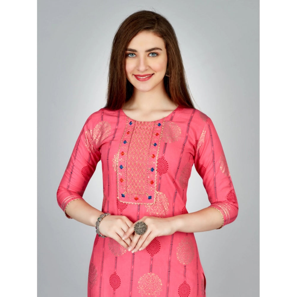 Generic Women's Casual 3-4 th Sleeve Embroidery Rayon Kurti Pant Set (Pink) - Noble Nook