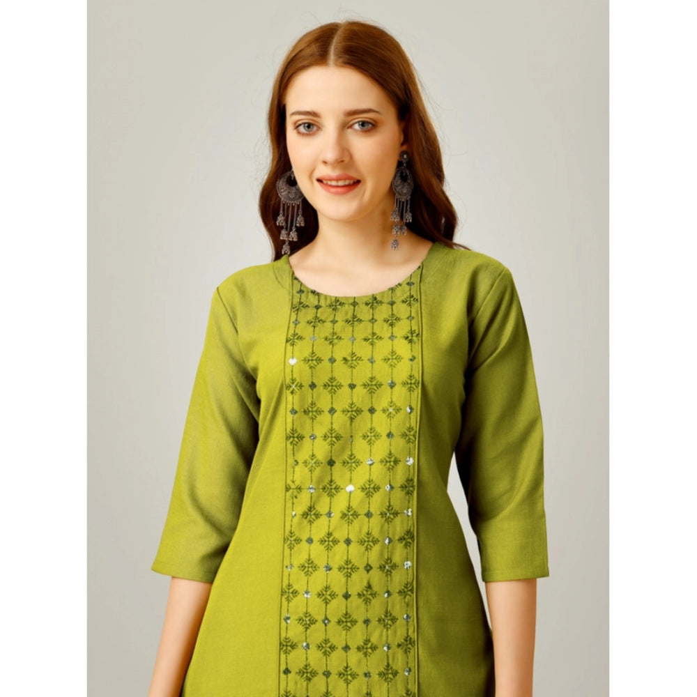 Generic Women's Casual 3-4 th Sleeve Embroidery Cotton Kurti Pant Set (Green) - Noble Nook