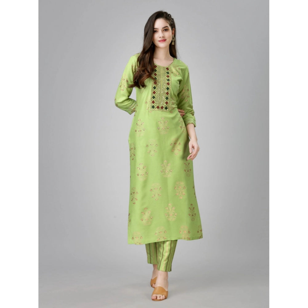 Generic Women's Casual 3-4 th Sleeve Embroidery Rayon Kurti Pant Set (Light Green) - Noble Nook