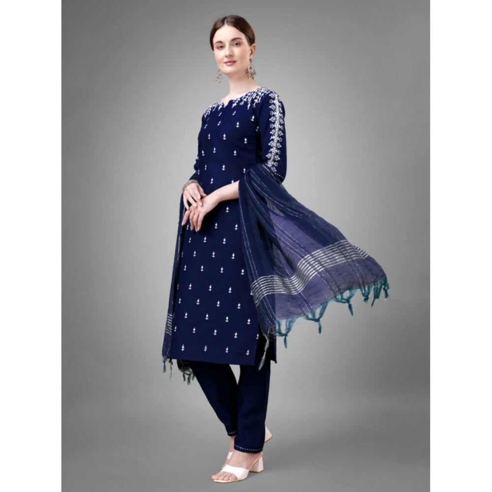 Generic Women's Casual 3-4 th Sleeve Embroidery Cotton Kurti Pant Dupatta Set (Dark Blue) - Noble Nook