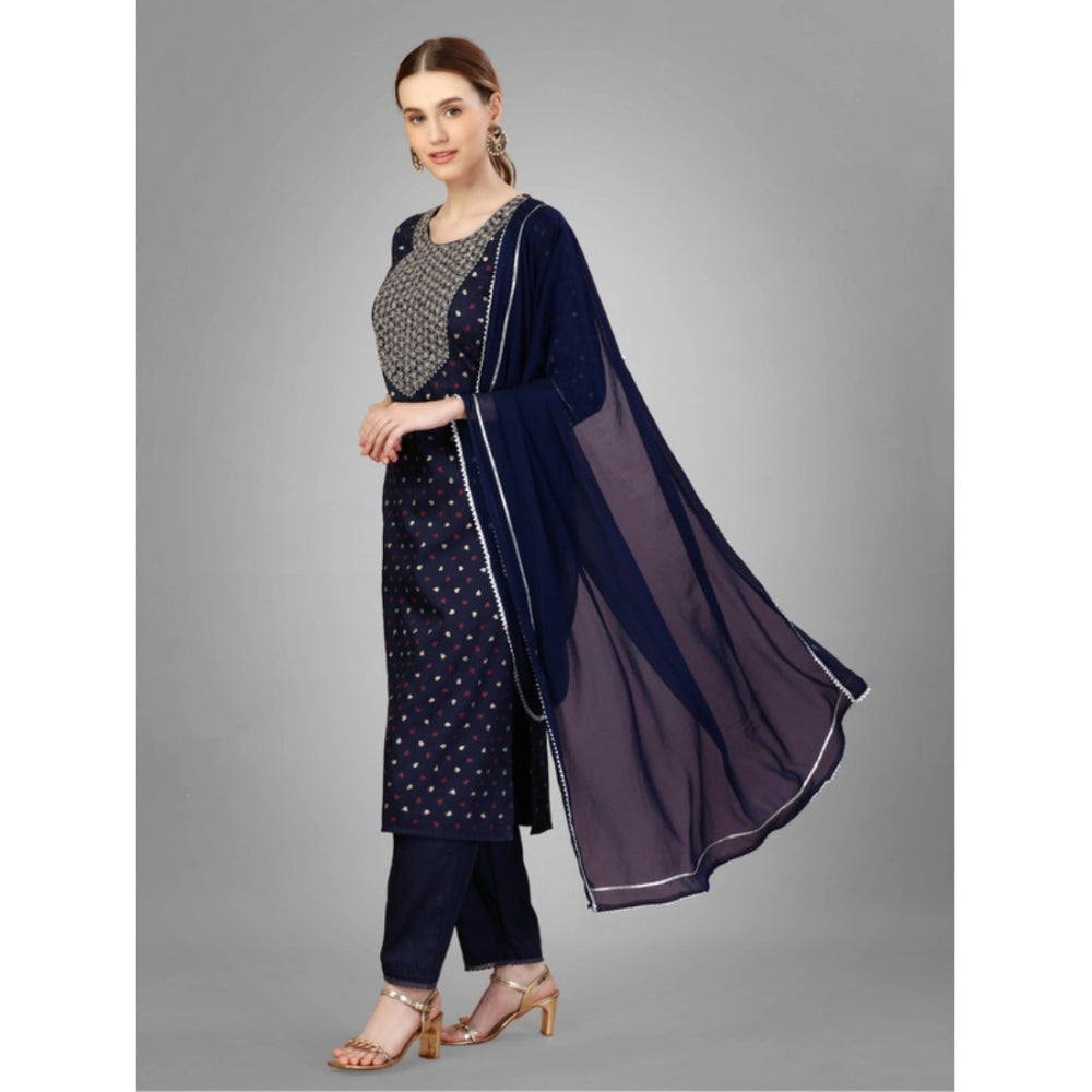 Generic Women's Casual 3-4 th Sleeve Embroidery Silk Blend Kurti Pant Dupatta Set (Navy Blue) - Noble Nook