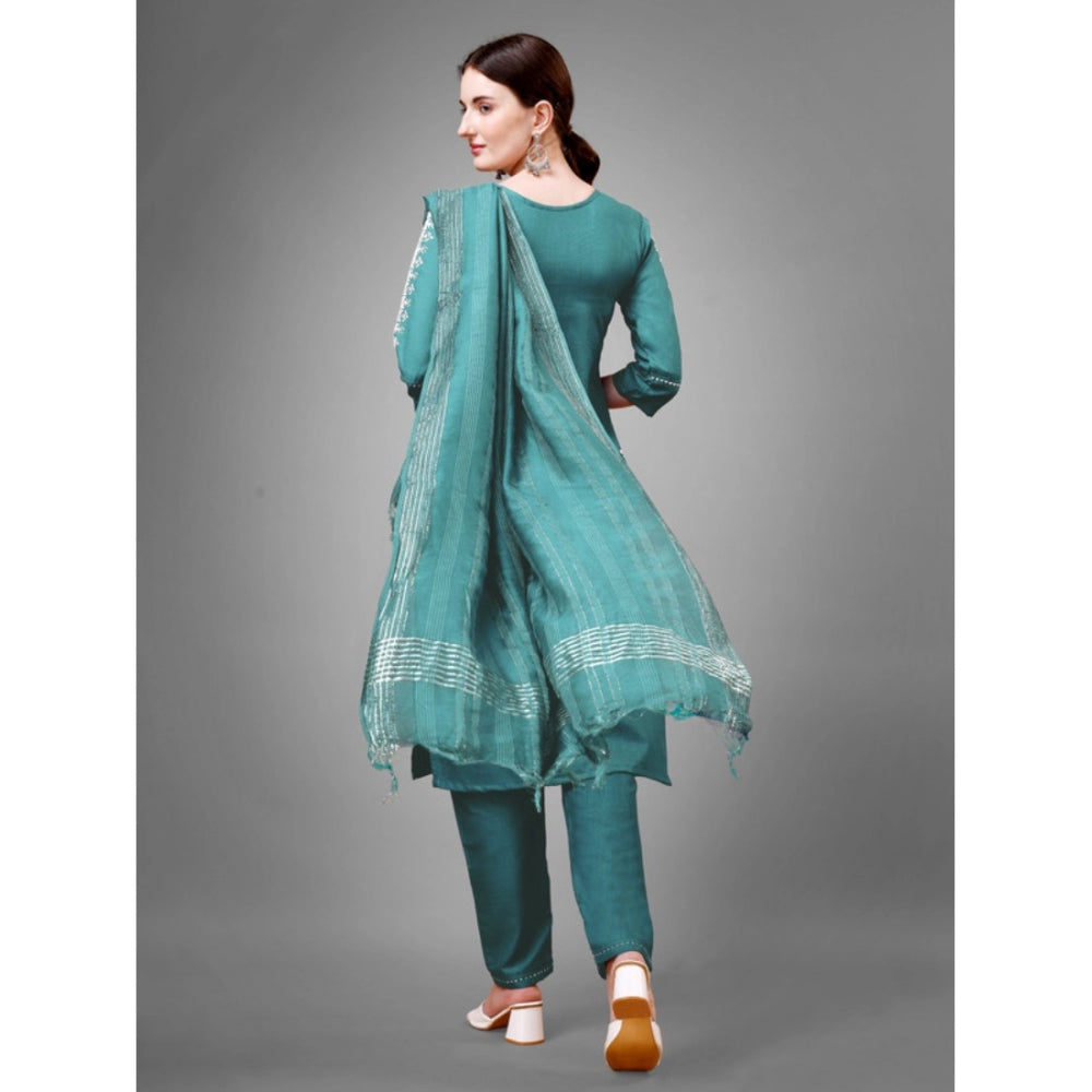 Generic Women's Casual 3-4 th Sleeve Embroidery Cotton Kurti Pant Dupatta Set (Teal) - Noble Nook