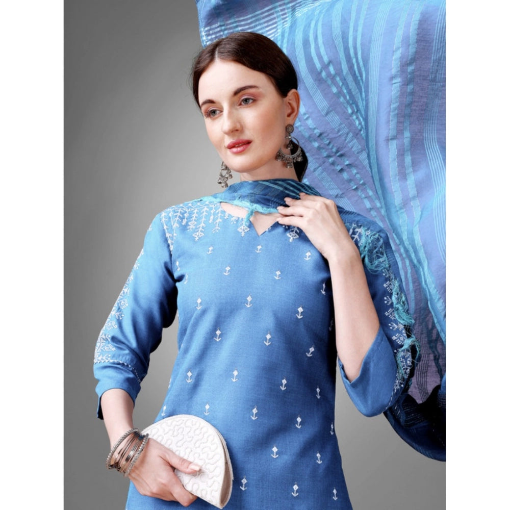 Generic Women's Casual 3-4 th Sleeve Embroidery Cotton Kurti Pant Dupatta Set (Sky Blue) - Noble Nook