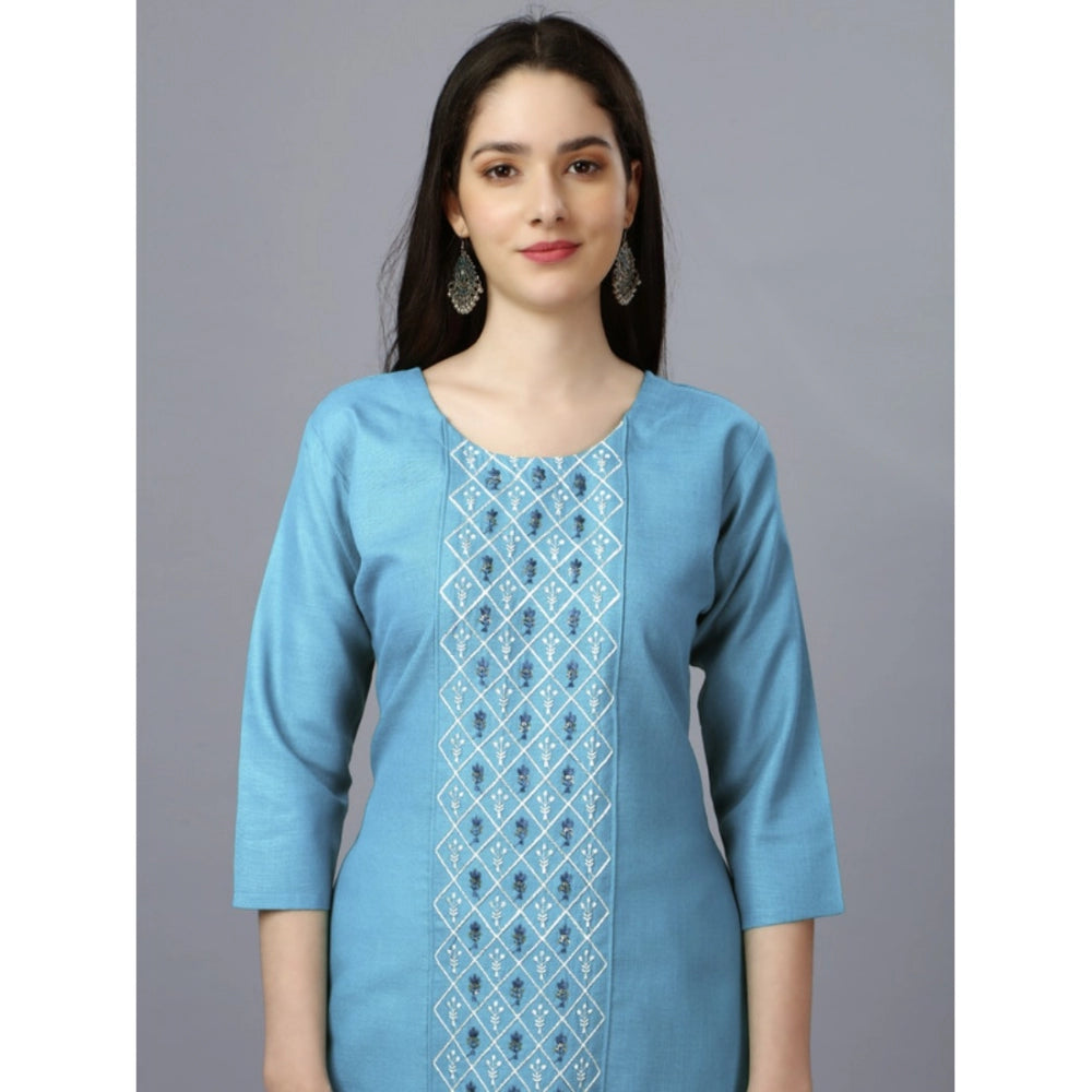 Generic Women's Casual 3-4 th Sleeve Embroidery Cotton Kurti (Light Blue) - Noble Nook