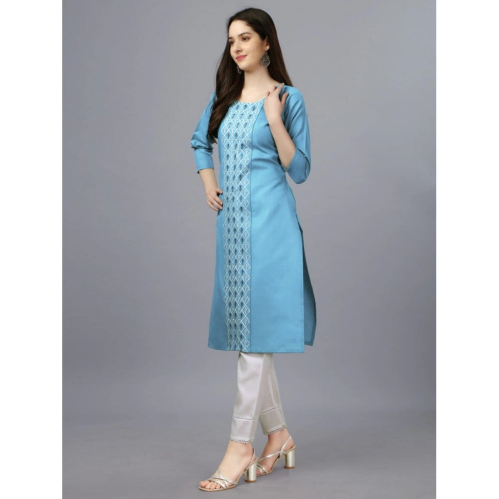 Generic Women's Casual 3-4 th Sleeve Embroidery Cotton Kurti (Light Blue) - Noble Nook