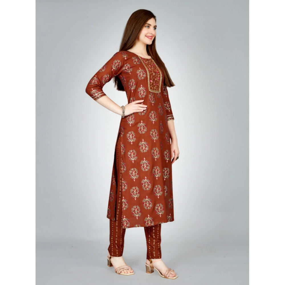 Generic Women's Casual 3-4 th Sleeve Embroidery Rayon Kurti Pant Set (Brown) - Noble Nook