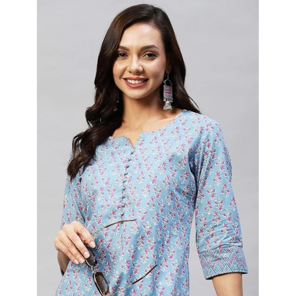 Generic Women's Casual 3-4 th Sleeve Printed Cotton Kurti Pant Set (Pastel Blue) - Noble Nook