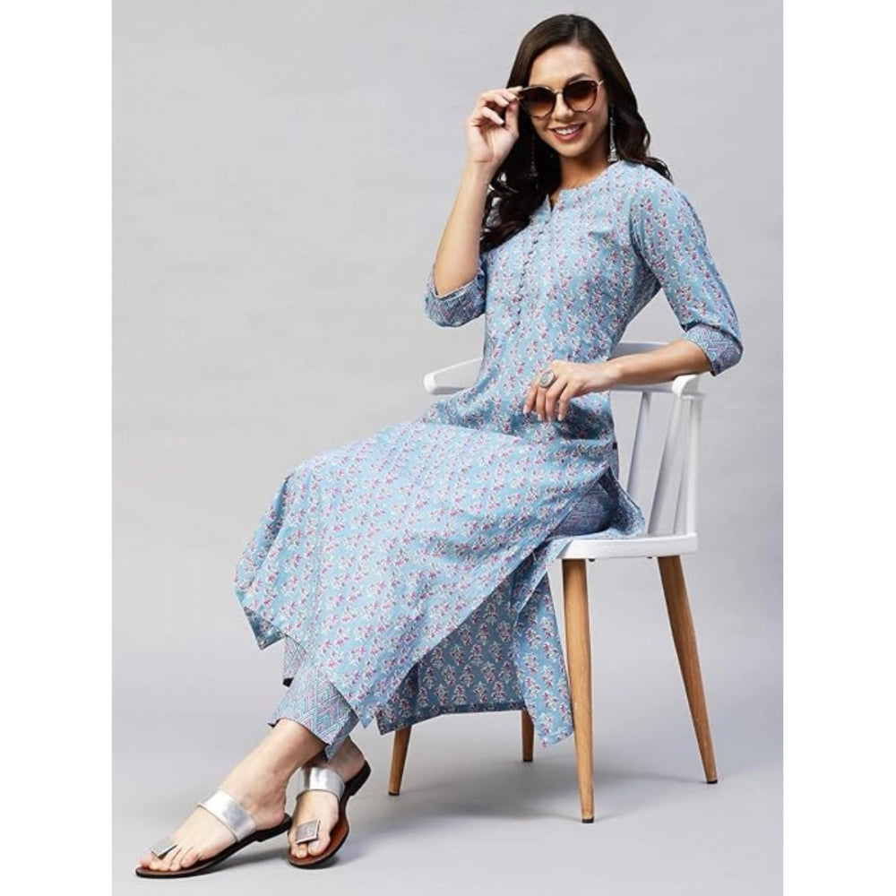 Generic Women's Casual 3-4 th Sleeve Printed Cotton Kurti Pant Set (Pastel Blue) - Noble Nook