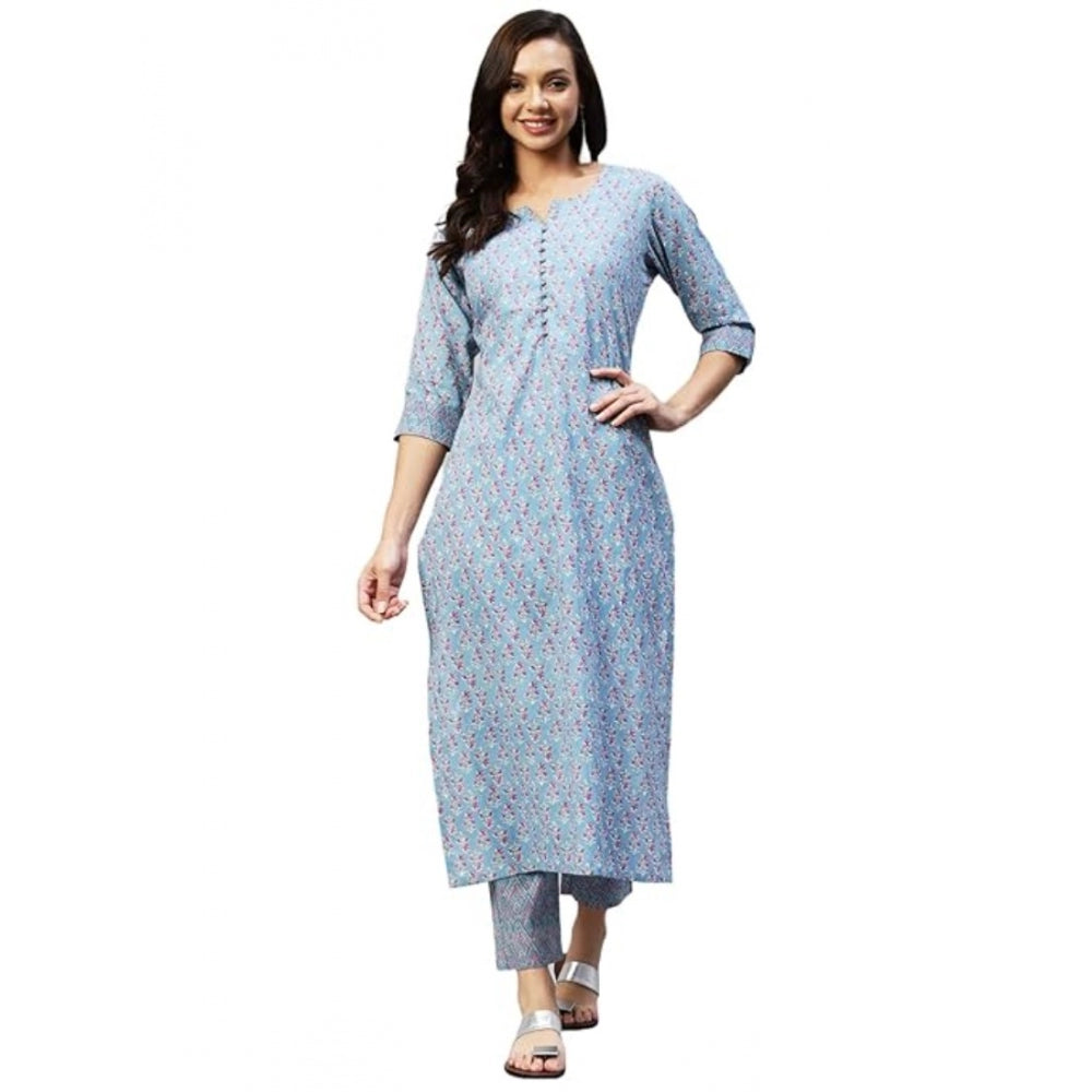 Generic Women's Casual 3-4 th Sleeve Printed Cotton Kurti Pant Set (Pastel Blue) - Noble Nook