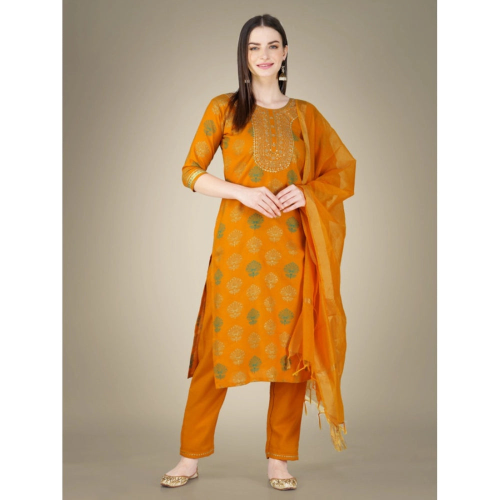 Generic Women's Casual 3-4 th Sleeve Embroidery Cotton Kurti Pant Dupatta Set (Yellow) - Noble Nook