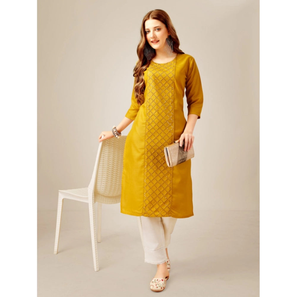 Generic Women's Casual 3-4 th Sleeve Embroidery Cotton Kurti Pant Set (Yellow) - Noble Nook