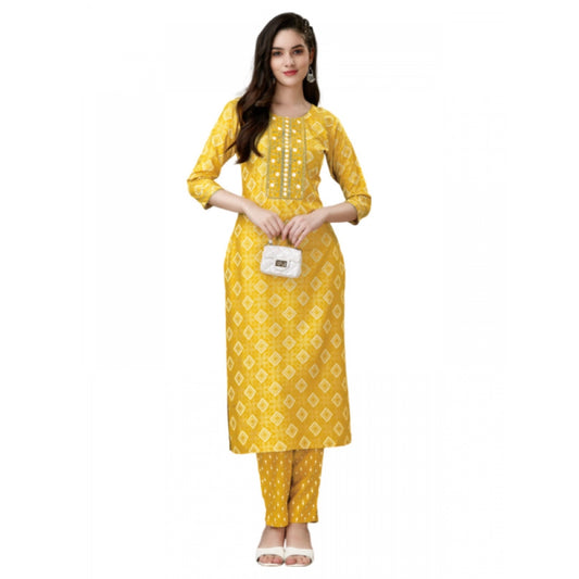 Generic Women's Casual 3-4 th Sleeve Embroidery Rayon Kurti Pant Set (Yellow) - Noble Nook