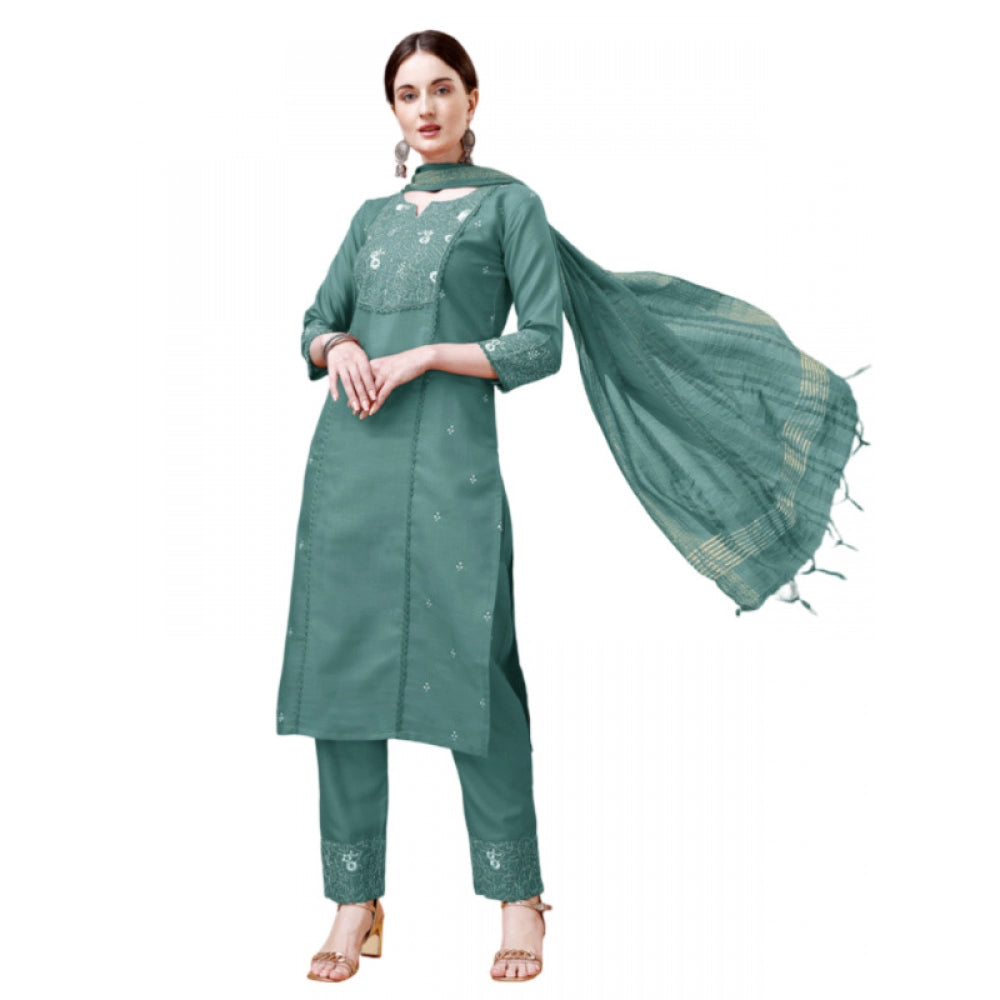 Generic Women's Casual 3-4 th Sleeve Embroidery Cotton Kurti Pant Dupatta Set (Teal) - Noble Nook