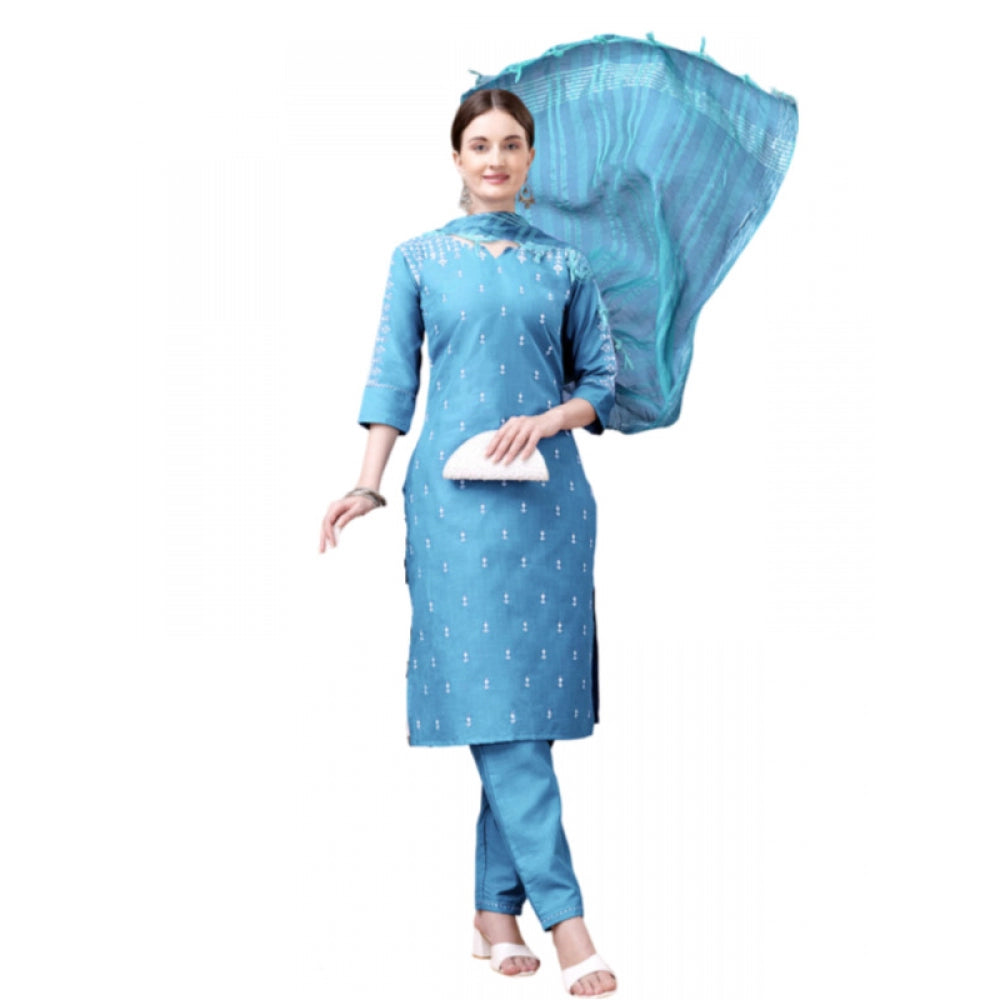 Generic Women's Casual 3-4 th Sleeve Embroidery Cotton Kurti Pant Dupatta Set (Sky Blue) - Noble Nook