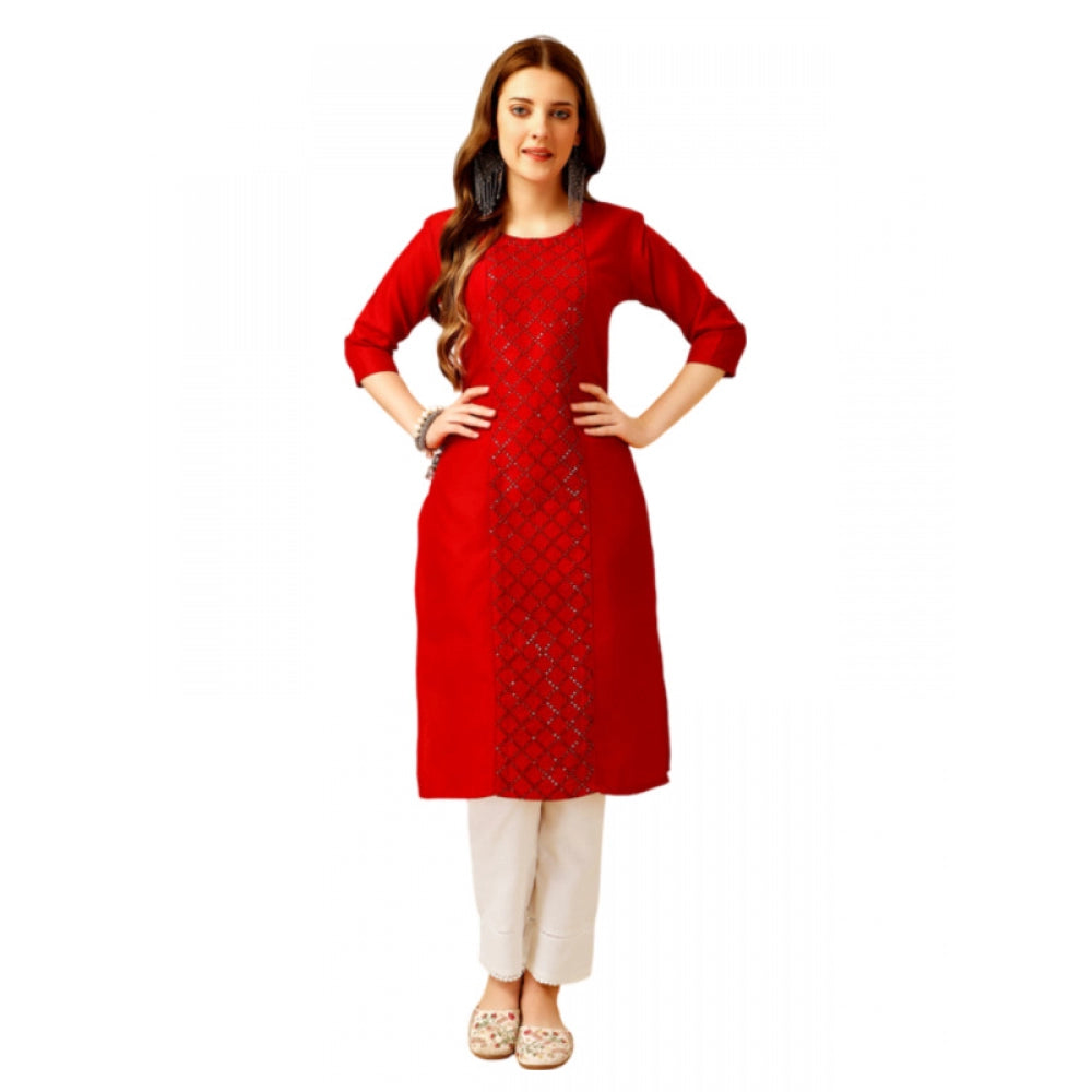 Generic Women's Casual 3-4 th Sleeve Embroidery Cotton Kurti Pant Set (Red) - Noble Nook