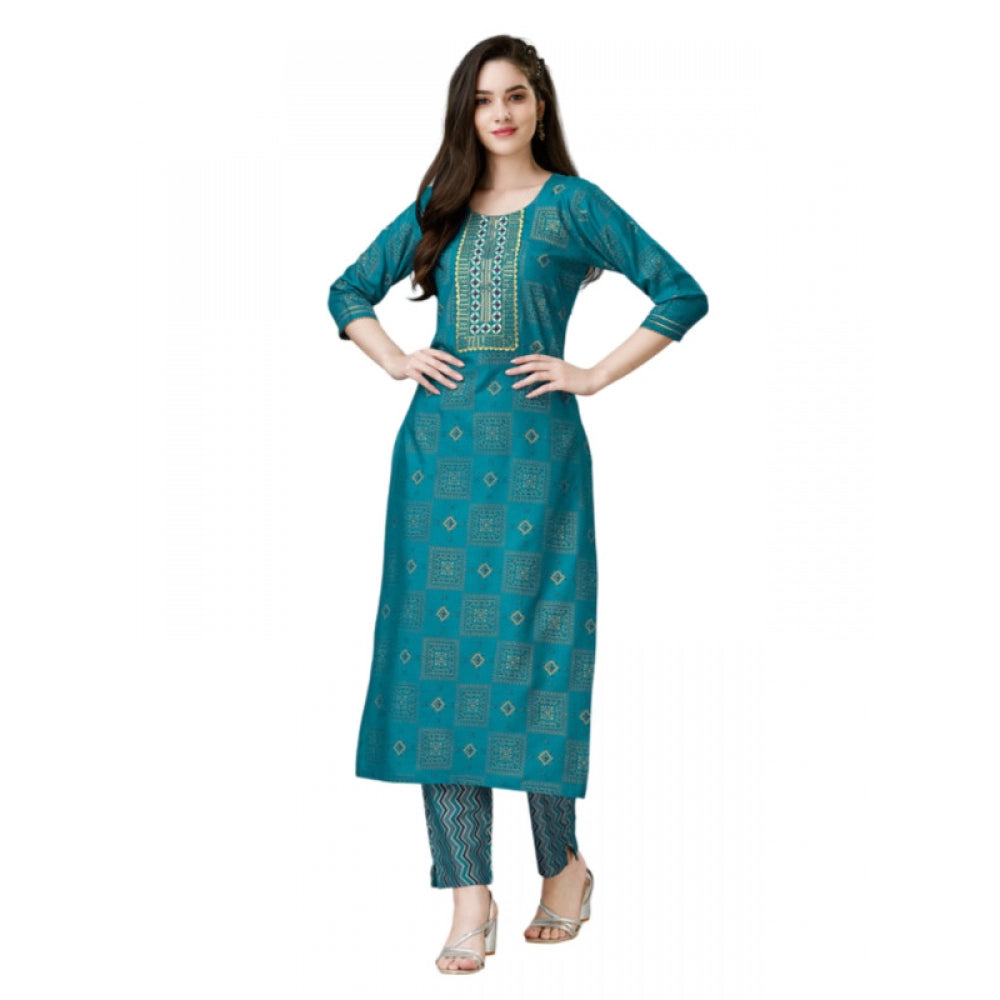 Generic Women's Casual 3-4 th Sleeve Embroidery Rayon Kurti Pant Set (Green) - Noble Nook