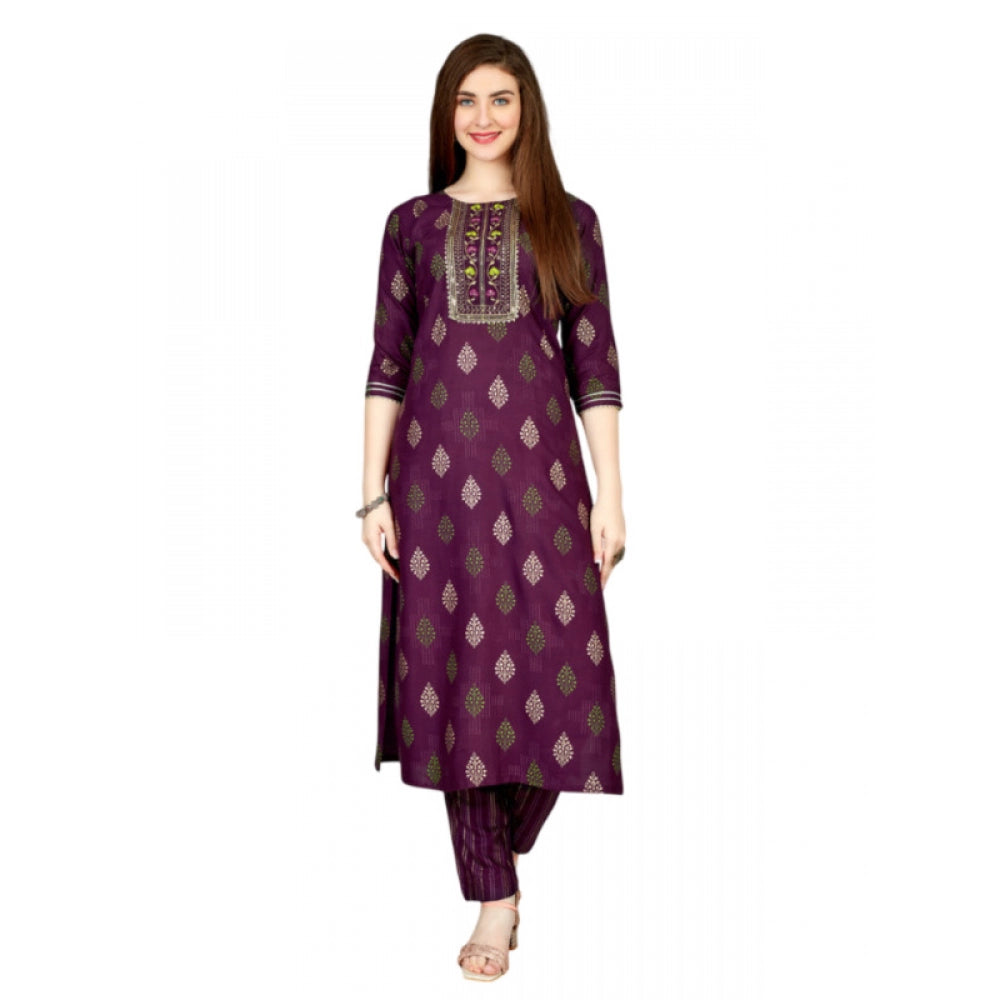 Generic Women's Casual 3-4 th Sleeve Embroidery Rayon Kurti Pant Set (Purple) - Noble Nook