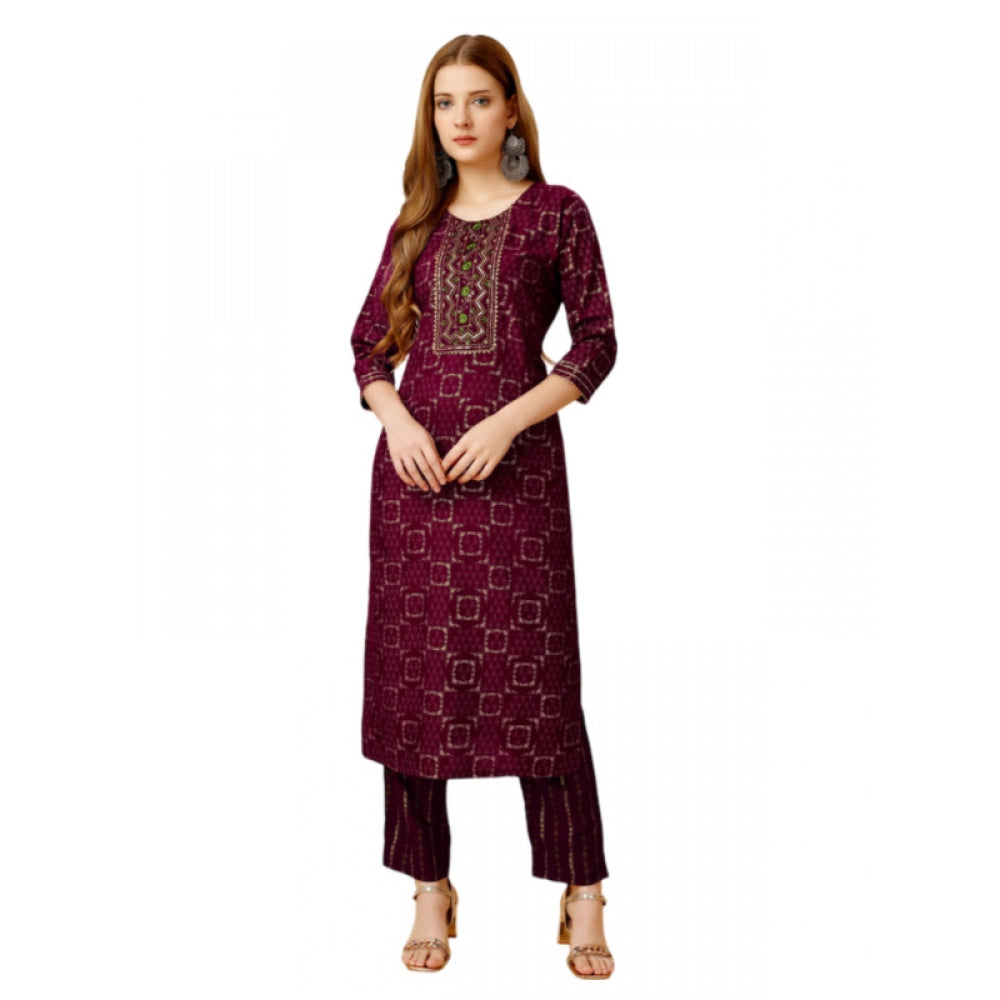 Generic Women's Casual 3-4 th Sleeve Embroidery Rayon Kurti Pant Set (Purple) - Noble Nook