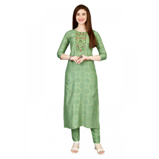 Generic Women's Casual 3-4 th Sleeve Embroidery Rayon Kurti Pant Set (Light Green) - Noble Nook