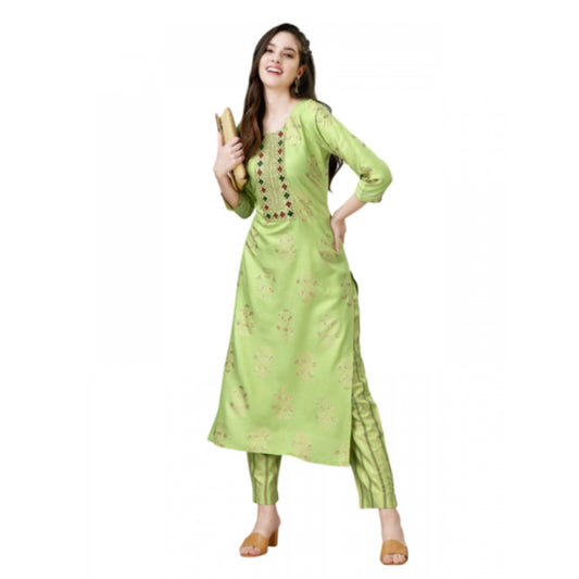 Generic Women's Casual 3-4 th Sleeve Embroidery Rayon Kurti Pant Set (Light Green) - Noble Nook