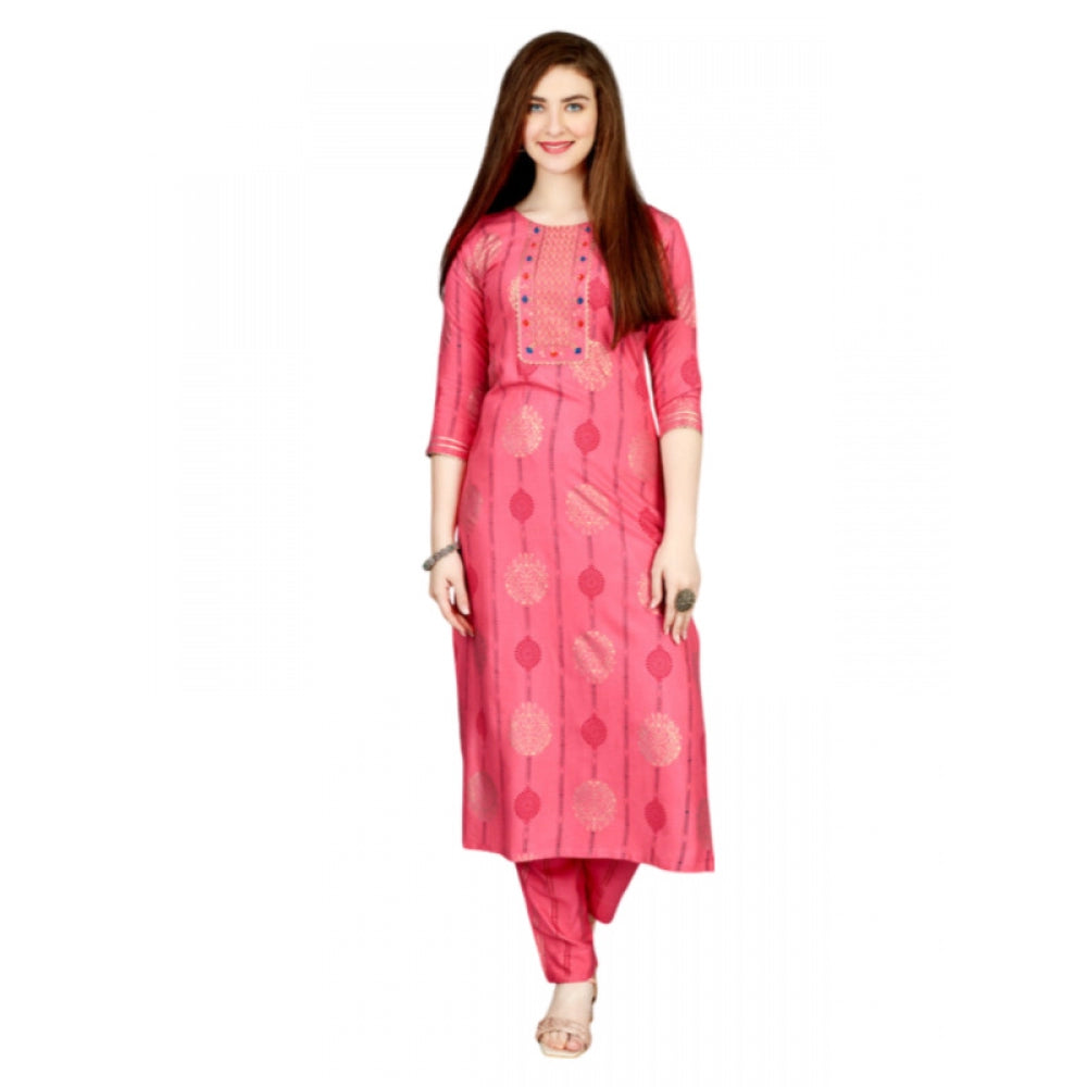 Generic Women's Casual 3-4 th Sleeve Embroidery Rayon Kurti Pant Set (Pink) - Noble Nook